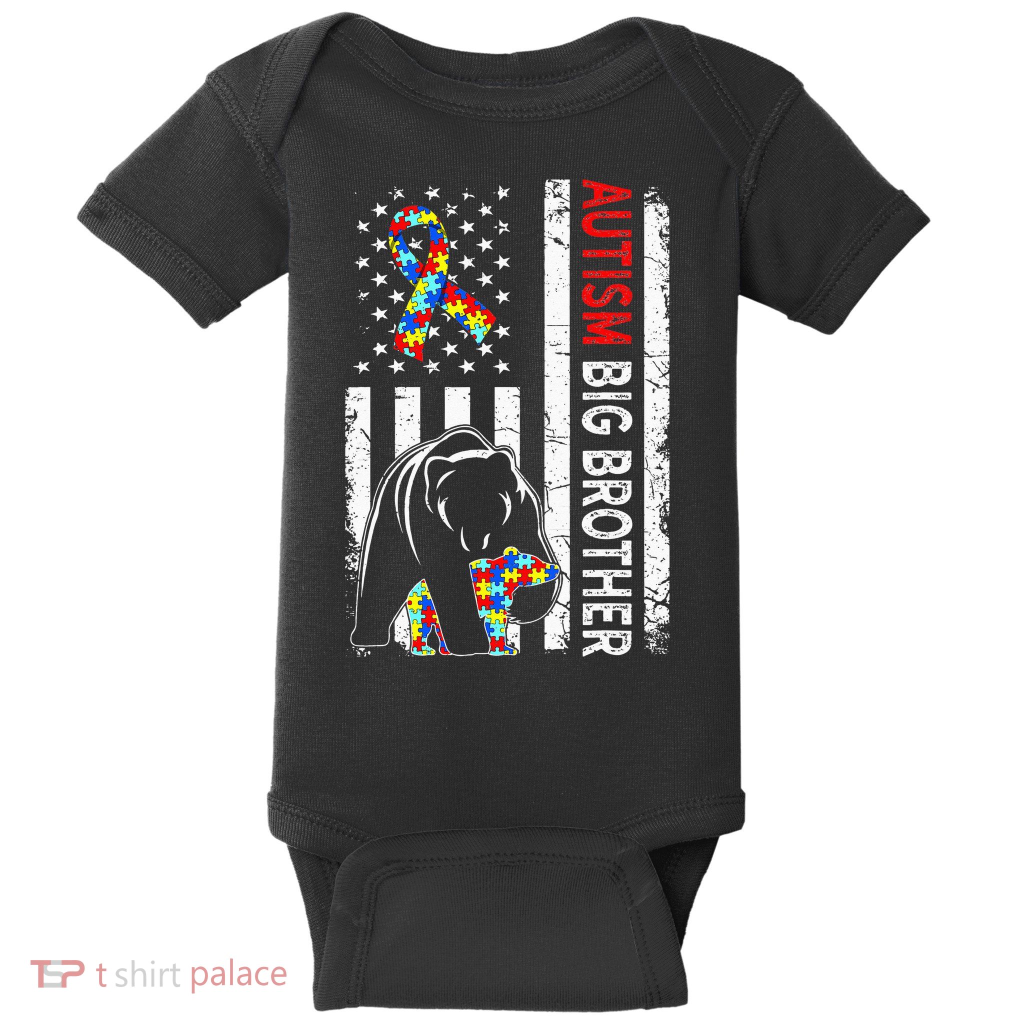 Distressed American Flag Autism Big Brother Bear Awareness  Baby Bodysuit
