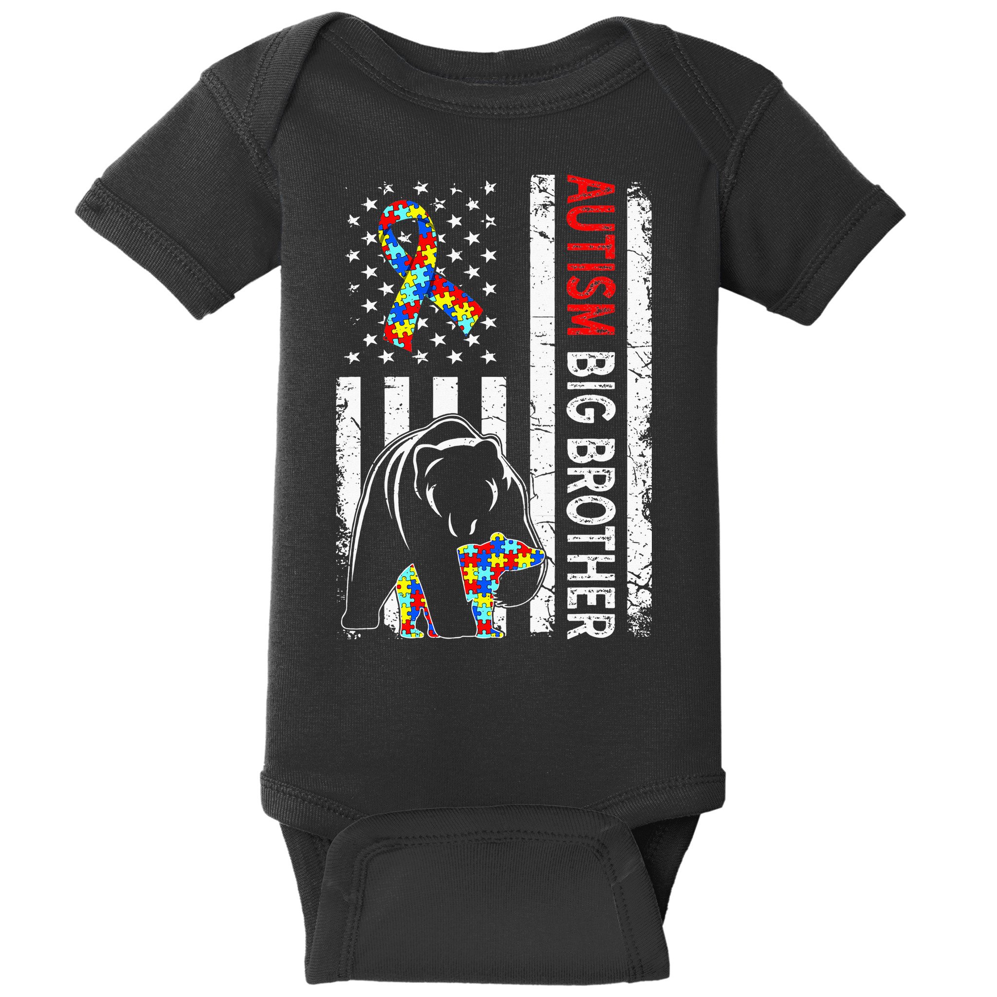 Distressed American Flag Autism Big Brother Bear Awareness  Baby Bodysuit