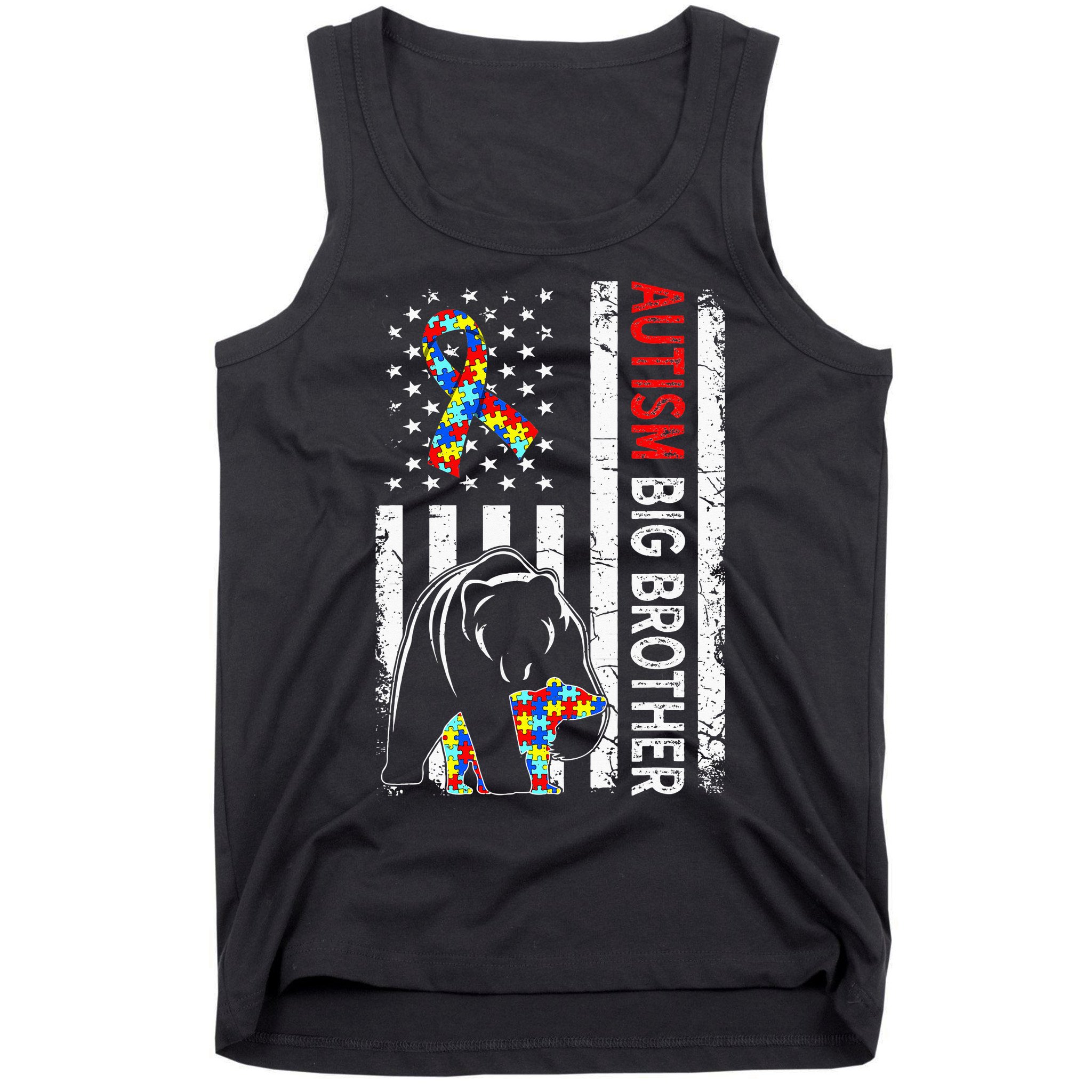 Distressed American Flag Autism Big Brother Bear Awareness  Tank Top