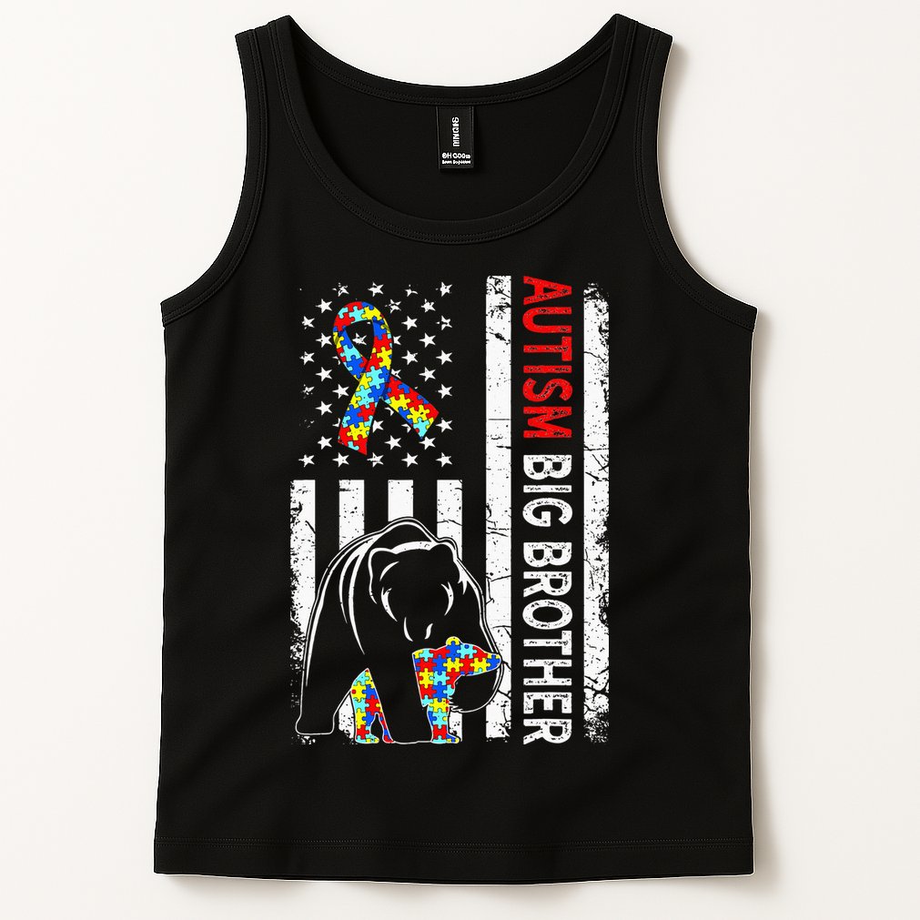 Distressed American Flag Autism Big Brother Bear Awareness  Tank Top