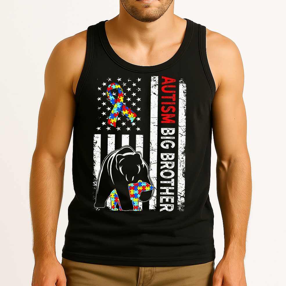 Distressed American Flag Autism Big Brother Bear Awareness  Tank Top