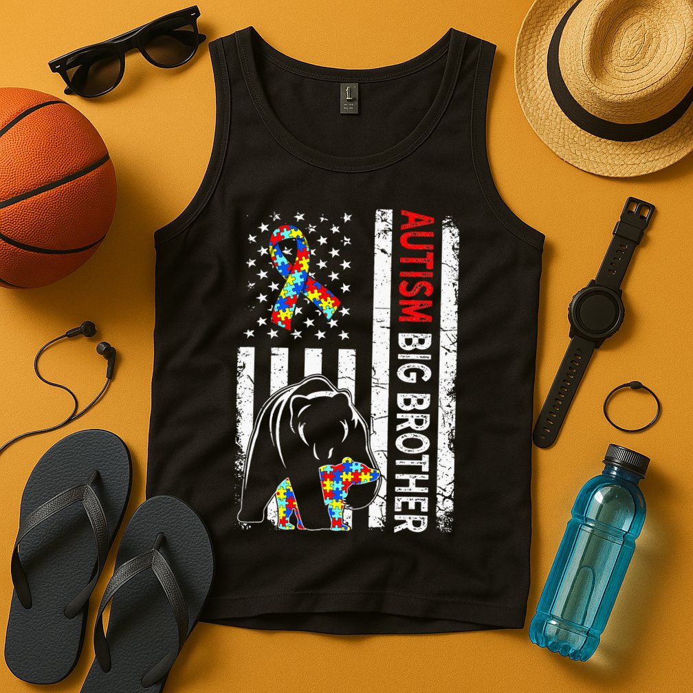 Distressed American Flag Autism Big Brother Bear Awareness  Tank Top