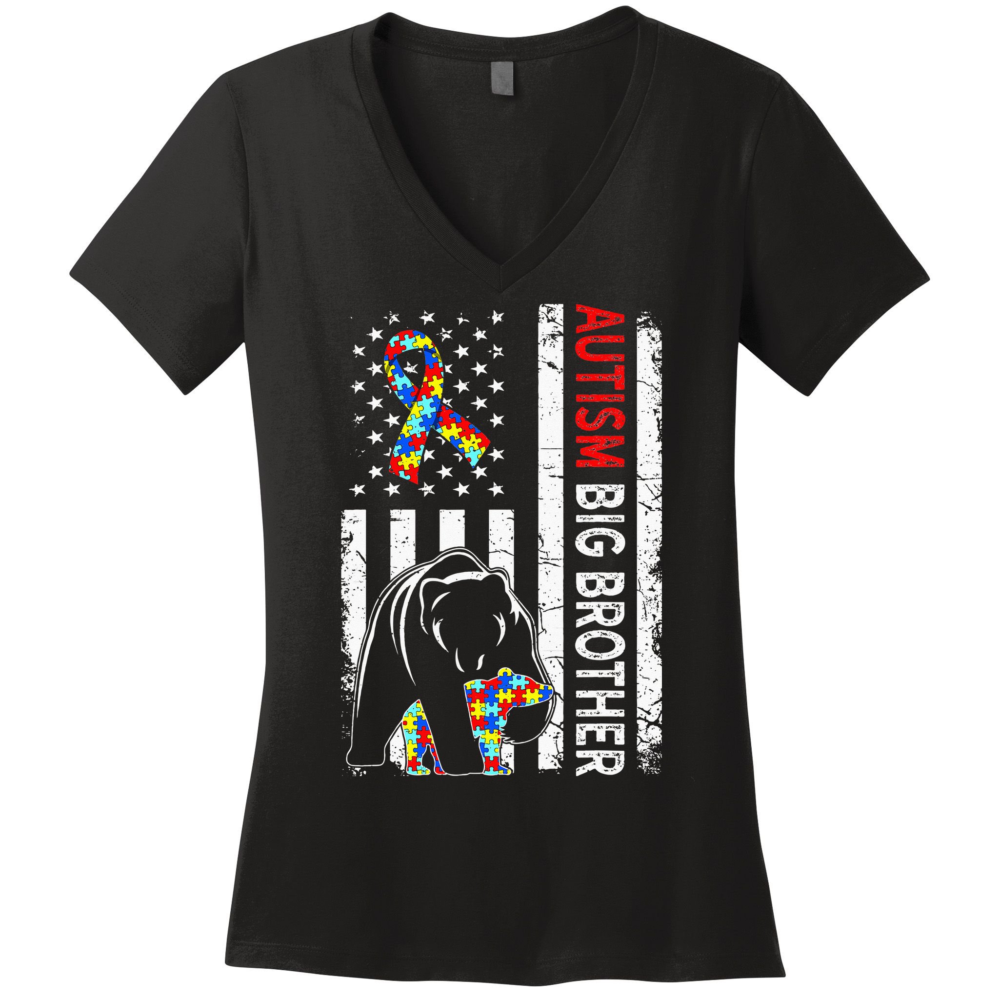 Distressed American Flag Autism Big Brother Bear Awareness  Women's V-Neck T-Shirt