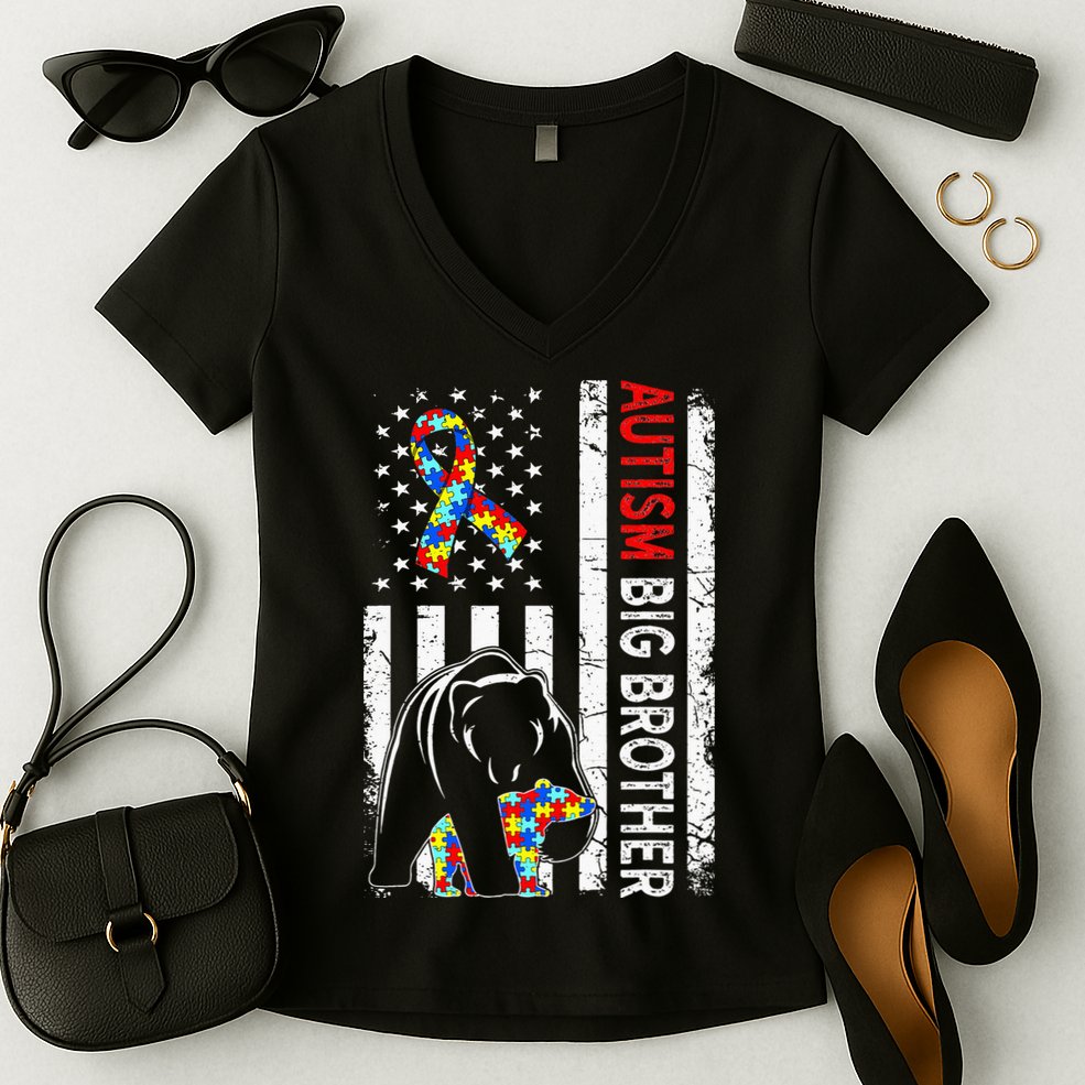 Distressed American Flag Autism Big Brother Bear Awareness  Women's V-Neck T-Shirt