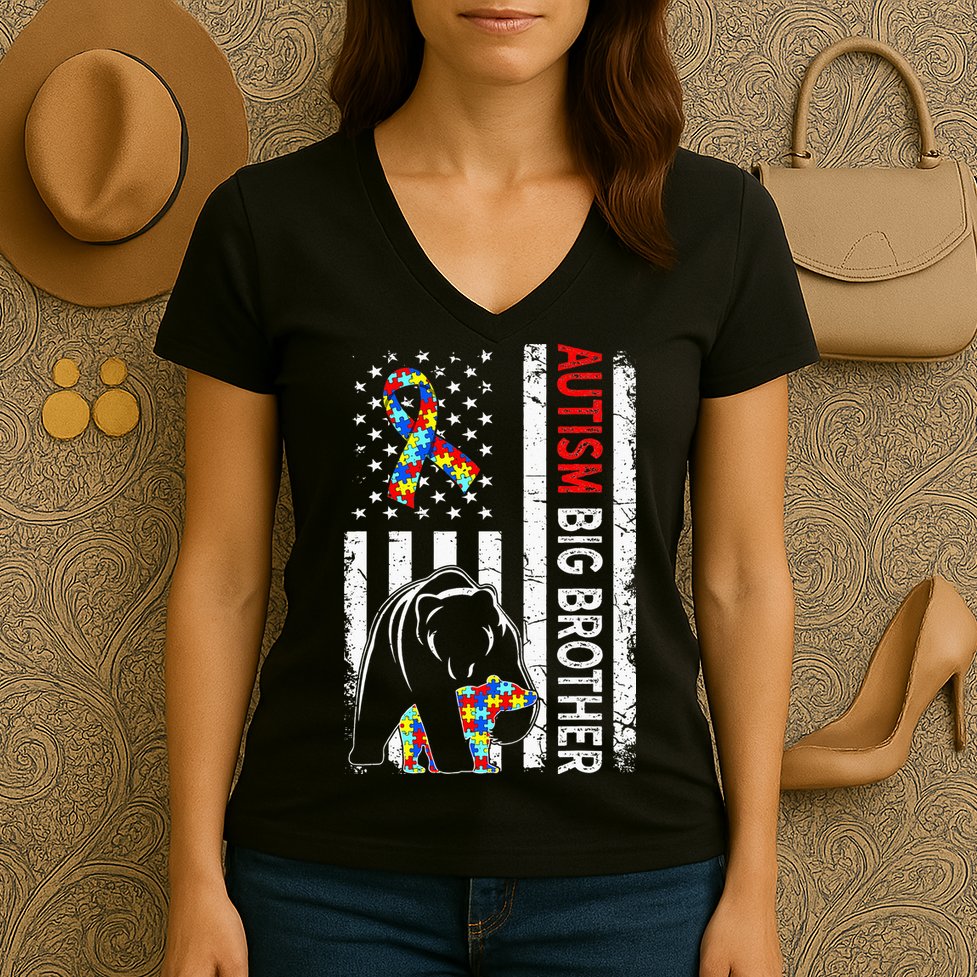 Distressed American Flag Autism Big Brother Bear Awareness  Women's V-Neck T-Shirt