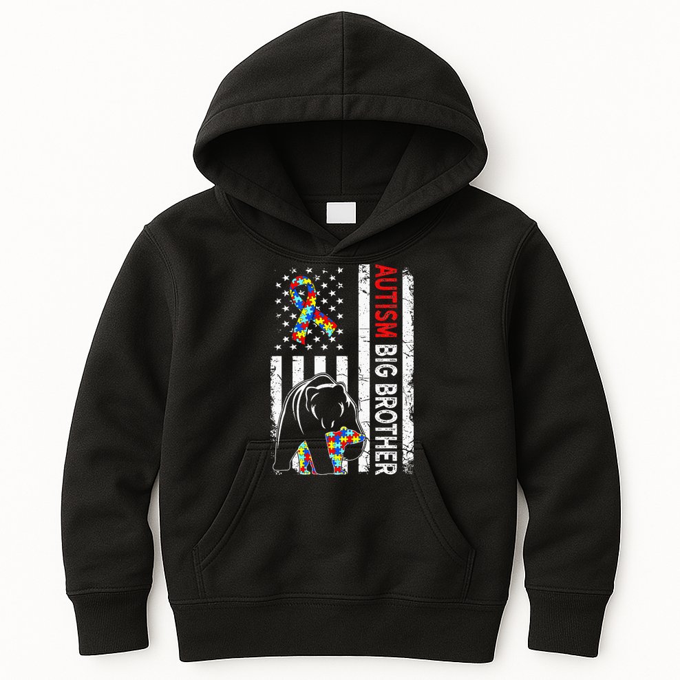 Distressed American Flag Autism Big Brother Bear Awareness  Kids Hoodie