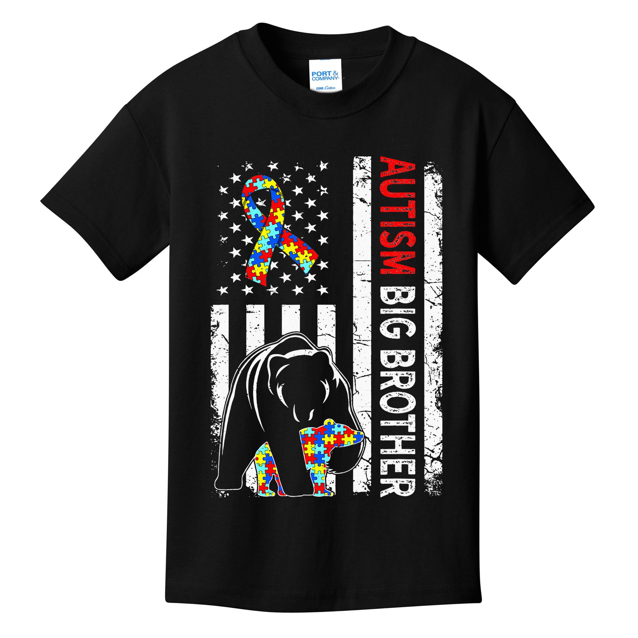 Distressed American Flag Autism Big Brother Bear Awareness  Kids T-Shirt