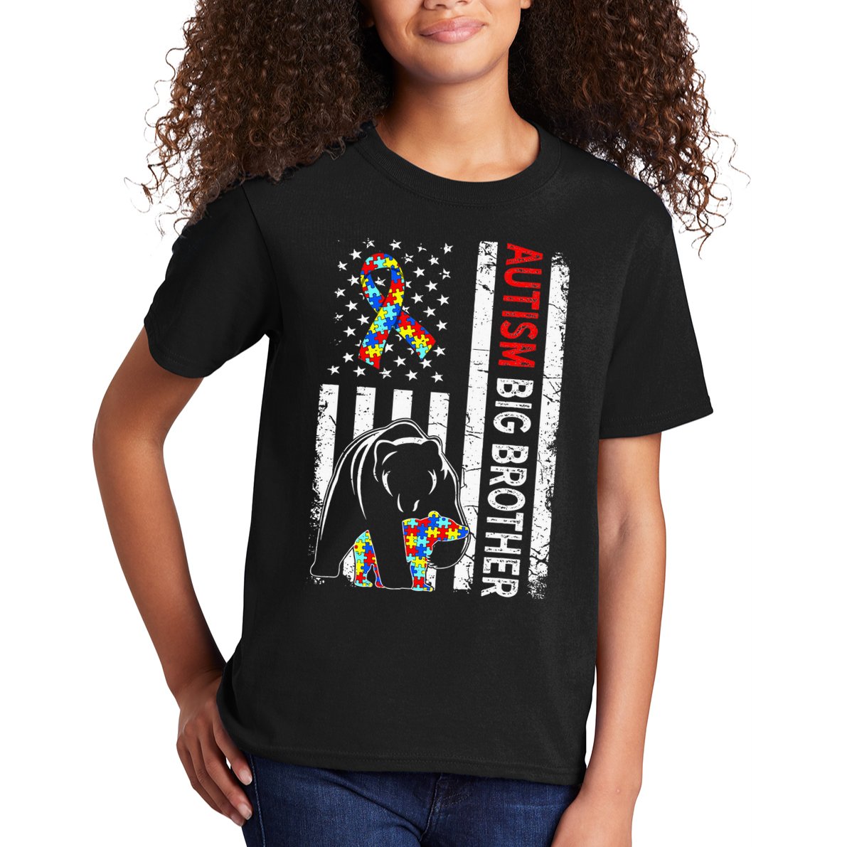 Distressed American Flag Autism Big Brother Bear Awareness  Kids T-Shirt