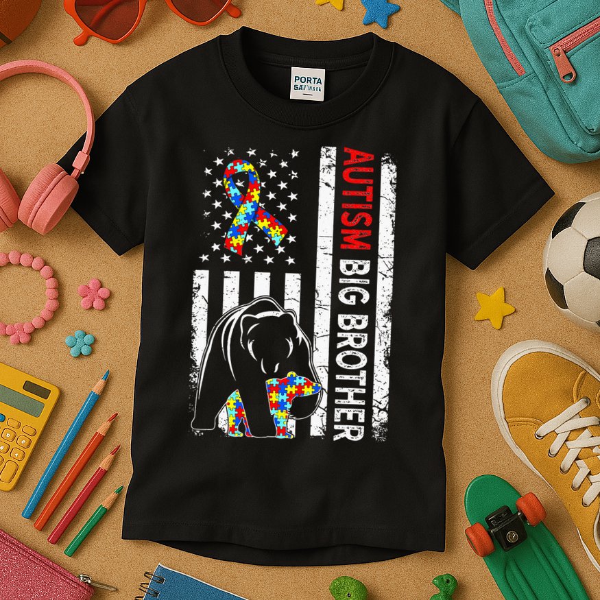Distressed American Flag Autism Big Brother Bear Awareness  Kids T-Shirt