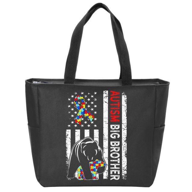 Distressed American Flag Autism Big Brother Bear Awareness  Zip Tote Bag