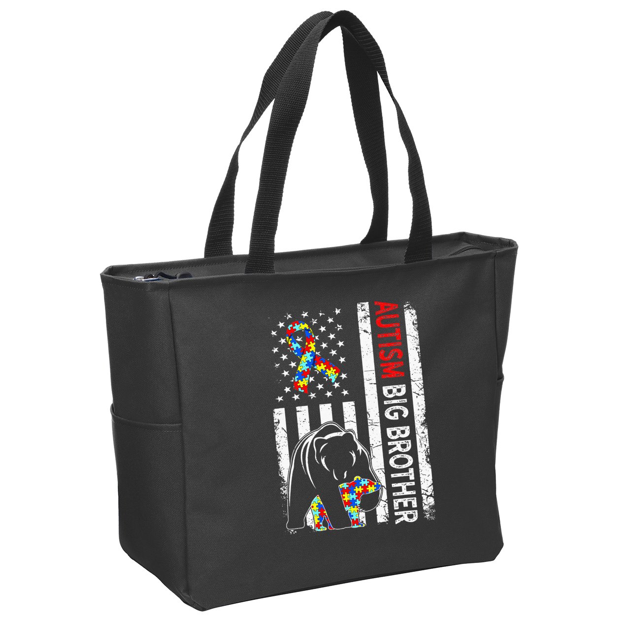 Distressed American Flag Autism Big Brother Bear Awareness  Zip Tote Bag