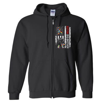 Distressed American Flag Autism Big Brother Bear Awareness  Full Zip Hoodie