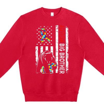 Distressed American Flag Autism Big Brother Bear Awareness  Premium Crewneck Sweatshirt