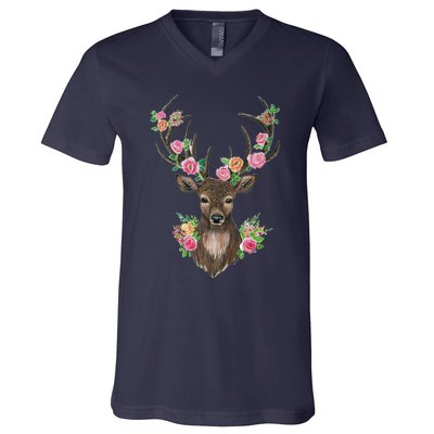 Deer And Flower V-Neck T-Shirt