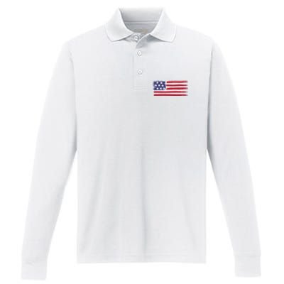 Distressed American Flag Patriotic Usa Flag 4th Of July Performance Long Sleeve Polo