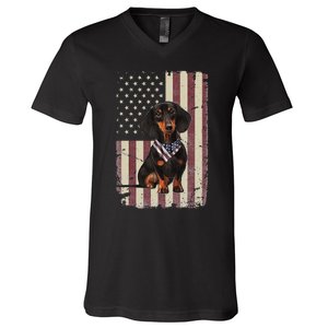 Dachshund American Flag Bandana 4th Of July Gifts V-Neck T-Shirt