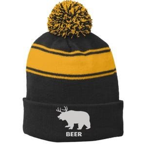 Deer Antlers + Grizzly Bear = Beer Funny Hunting Drinking Stripe Pom Pom Beanie