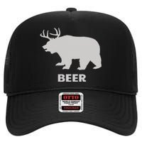 Deer Antlers + Grizzly Bear = Beer Funny Hunting Drinking High Crown Mesh Back Trucker Hat