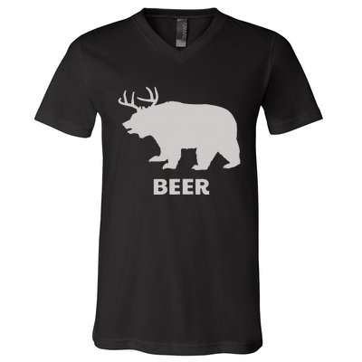 Deer Antlers + Grizzly Bear = Beer Funny Hunting Drinking V-Neck T-Shirt