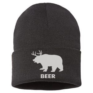 Deer Antlers + Grizzly Bear = Beer Funny Hunting Drinking Sustainable Knit Beanie