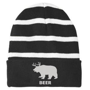 Deer Antlers + Grizzly Bear = Beer Funny Hunting Drinking Striped Beanie with Solid Band