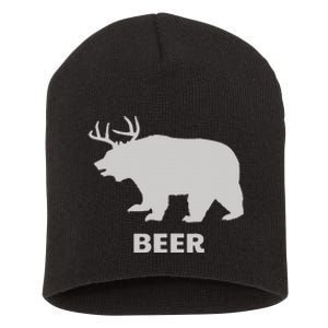 Deer Antlers + Grizzly Bear = Beer Funny Hunting Drinking Short Acrylic Beanie