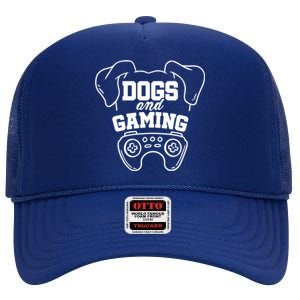 Dogs And Gaming Gamer Video Game Player Games Nerd Geek Gift High Crown Mesh Back Trucker Hat