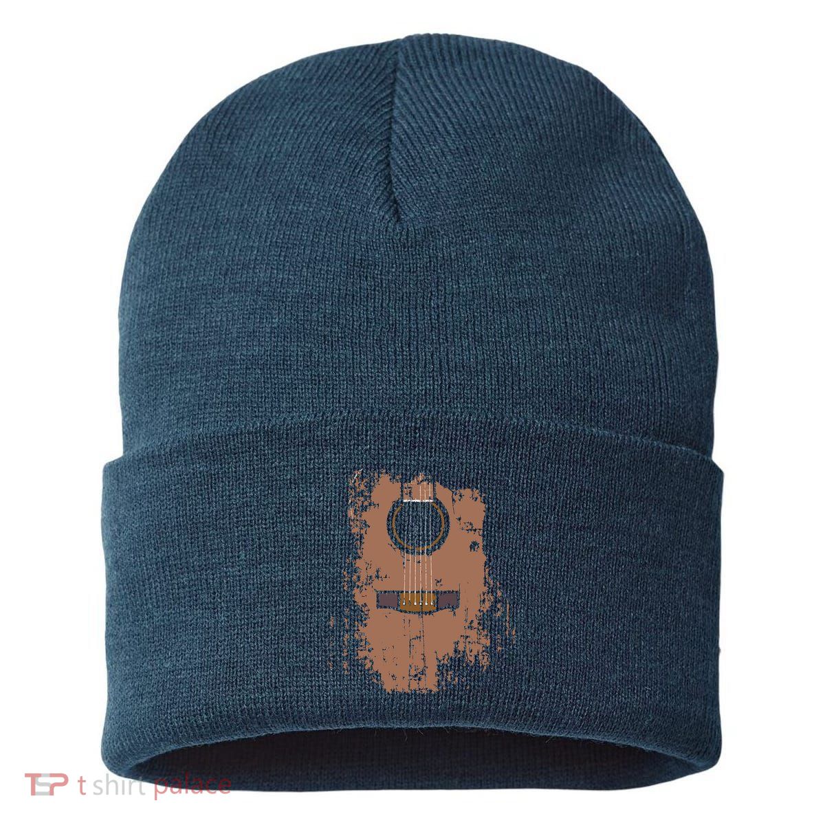 Distressed Acoustic Guitar Vintage Player Rock Roll Music Sustainable Knit Beanie