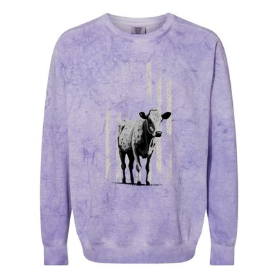 Distressed Americanmeaningful Giftflag Cow Vintage Patriotic Farmer Funny Gift Colorblast Crewneck Sweatshirt