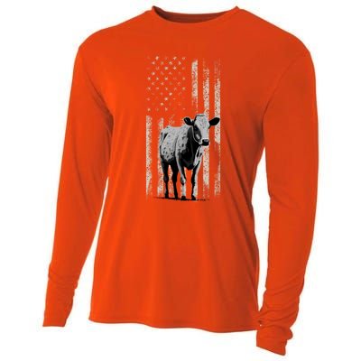 Distressed Americanmeaningful Giftflag Cow Vintage Patriotic Farmer Funny Gift Cooling Performance Long Sleeve Crew