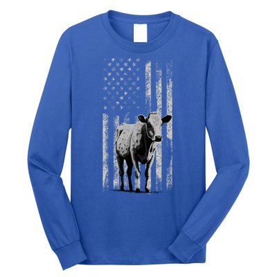 Distressed Americanmeaningful Giftflag Cow Vintage Patriotic Farmer Funny Gift Long Sleeve Shirt