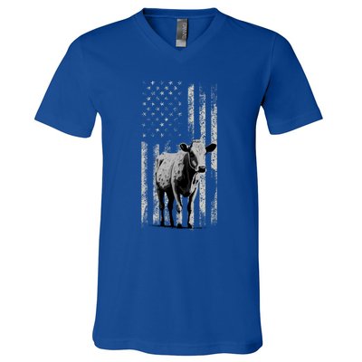 Distressed Americanmeaningful Giftflag Cow Vintage Patriotic Farmer Funny Gift V-Neck T-Shirt