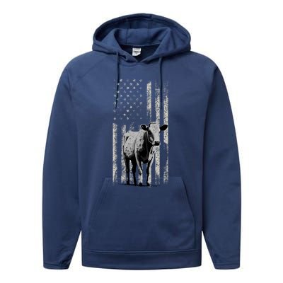 Distressed Americanmeaningful Giftflag Cow Vintage Patriotic Farmer Funny Gift Performance Fleece Hoodie