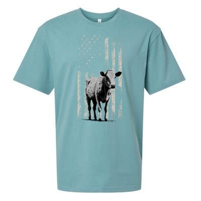 Distressed Americanmeaningful Giftflag Cow Vintage Patriotic Farmer Funny Gift Sueded Cloud Jersey T-Shirt