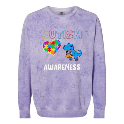 Dinosaur Autistic Heart Puzzle Autism Awareness Month Colorblast Crewneck Sweatshirt