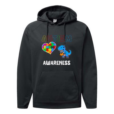 Dinosaur Autistic Heart Puzzle Autism Awareness Month Performance Fleece Hoodie