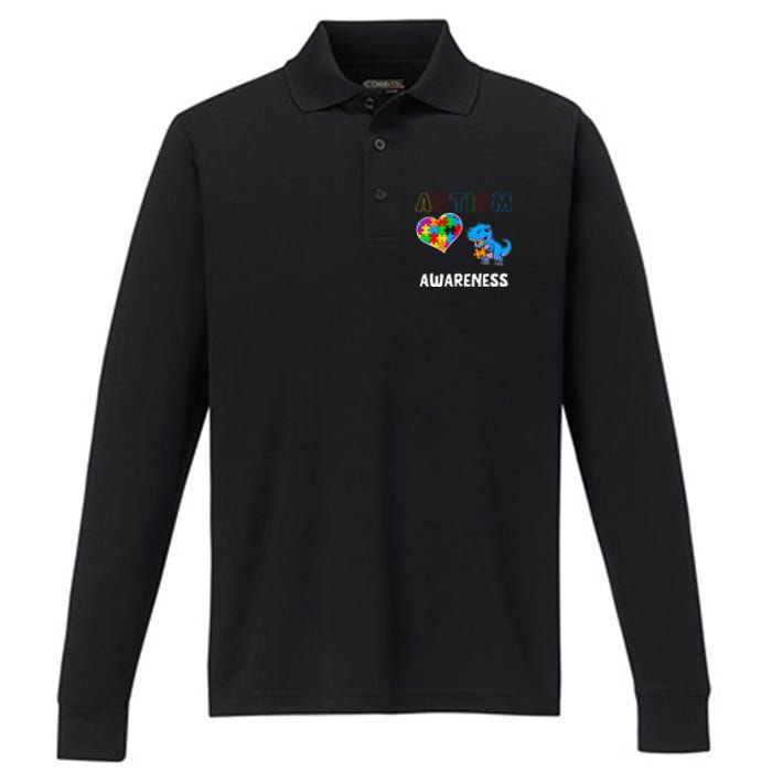 Dinosaur Autistic Heart Puzzle Autism Awareness Month Performance Long Sleeve Polo