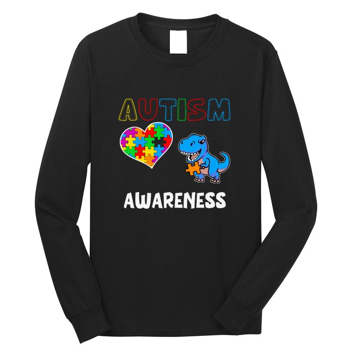 Dinosaur Autistic Heart Puzzle Autism Awareness Month Long Sleeve Shirt