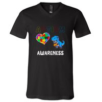 Dinosaur Autistic Heart Puzzle Autism Awareness Month V-Neck T-Shirt