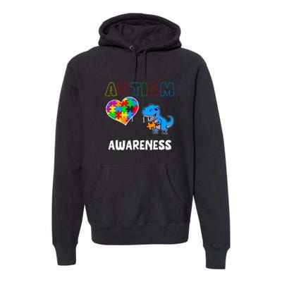 Dinosaur Autistic Heart Puzzle Autism Awareness Month Premium Hoodie