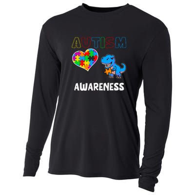 Dinosaur Autistic Heart Puzzle Autism Awareness Month Cooling Performance Long Sleeve Crew