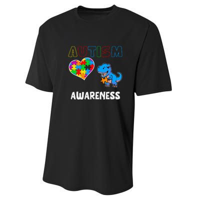 Dinosaur Autistic Heart Puzzle Autism Awareness Month Performance Sprint T-Shirt