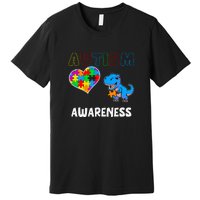 Dinosaur Autistic Heart Puzzle Autism Awareness Month Premium T-Shirt