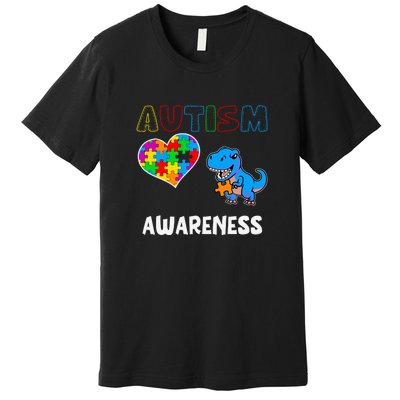 Dinosaur Autistic Heart Puzzle Autism Awareness Month Premium T-Shirt