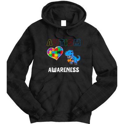 Dinosaur Autistic Heart Puzzle Autism Awareness Month Tie Dye Hoodie