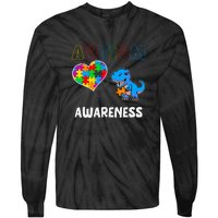 Dinosaur Autistic Heart Puzzle Autism Awareness Month Tie-Dye Long Sleeve Shirt