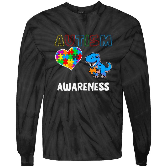 Dinosaur Autistic Heart Puzzle Autism Awareness Month Tie-Dye Long Sleeve Shirt