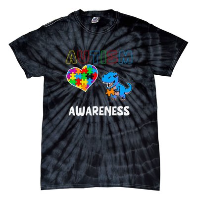 Dinosaur Autistic Heart Puzzle Autism Awareness Month Tie-Dye T-Shirt