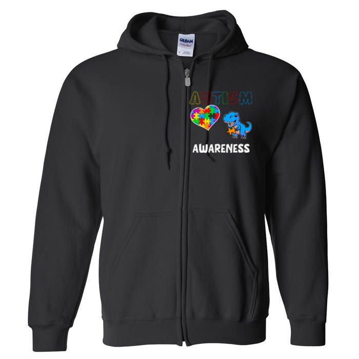 Dinosaur Autistic Heart Puzzle Autism Awareness Month Full Zip Hoodie