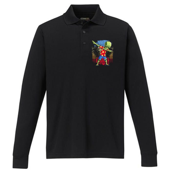 Dabbing Alien Hawaiian Ufo Hawaii Beach Surf Summer Performance Long Sleeve Polo